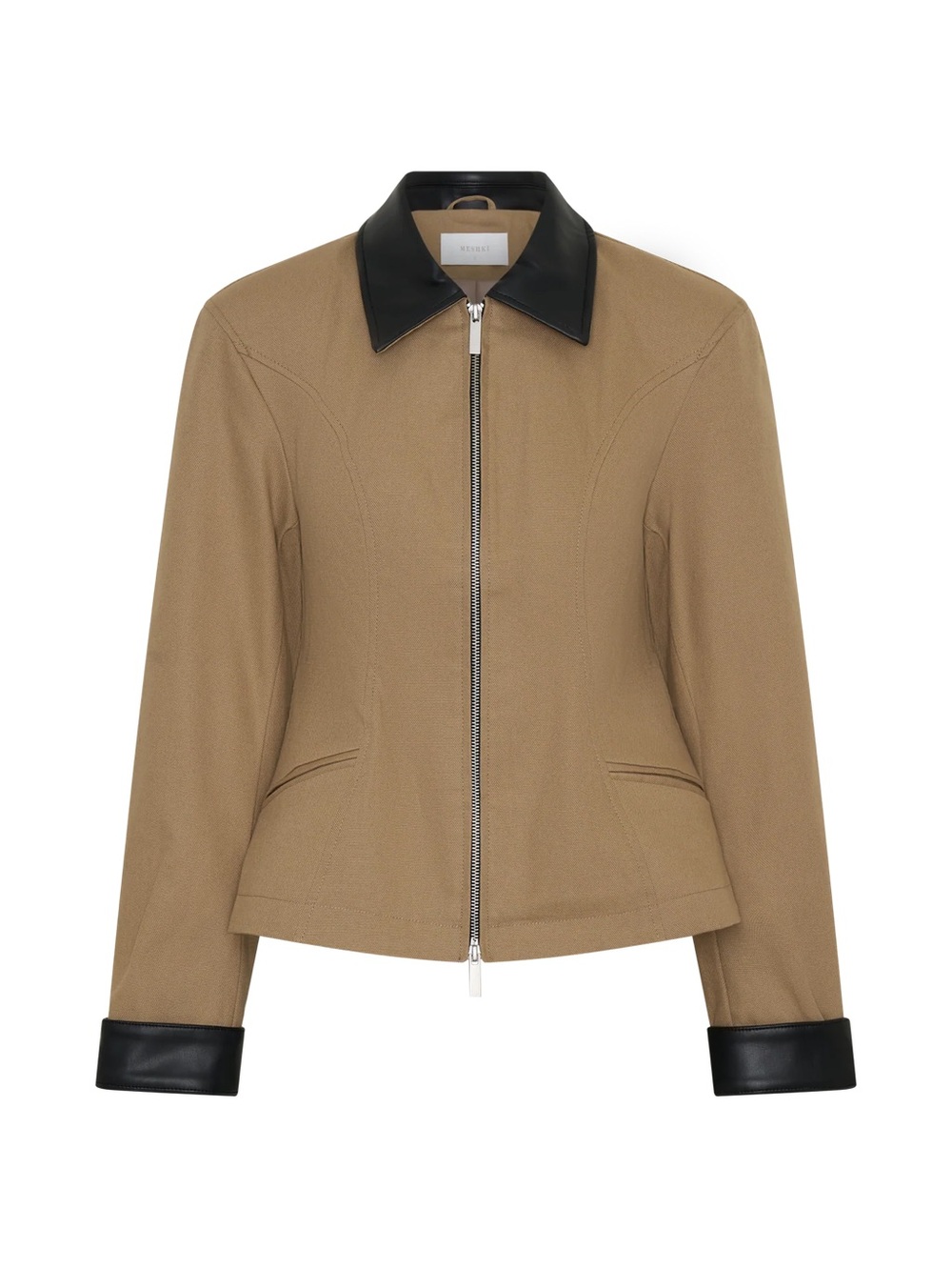 Meshki Tan Jacket with Black Leather Collar and Cuff Trim